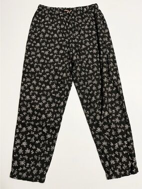Vintage Black Floral Elastic-Waist Pants